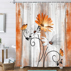 Rustic Farmhouse Shower Curtain, Farm Orange Daisy Floral Fall Flowers and Butterfly on Country Wooden Autumn Shower Curtain for Bathroom, Yellow Grey Gray Red Gold Curtain with 12PCS Hooks, 70X75IN