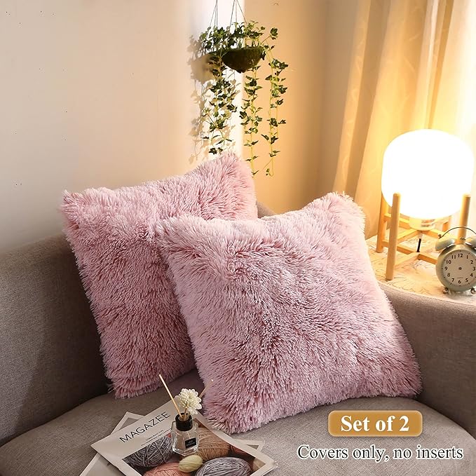 XeGe Cozy Faux Fur Throw Pillow Covers, Zippered Fluffy Cushion Covers, Shaggy Fuzzy Decorative Pillow Covers, Plush Furry Pillowcases Pack of 2 for Sofa Couch Home Decor (18''x18'', Pink Ombre)