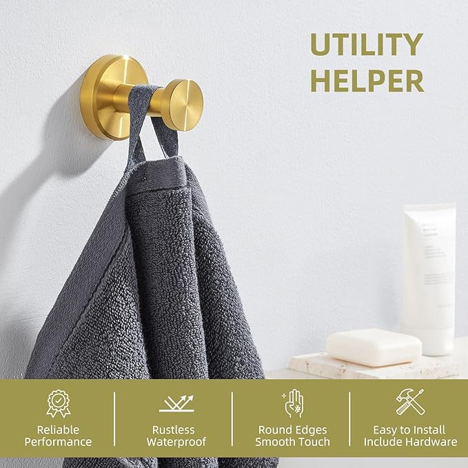 Angle Simple Robe and Towel Hook, SUS304 Stainless Steel Bathroom Robe Hook, Small Towel Hanger for Wall or Cabinet, Brushed Gold