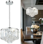 Crystal Chandelier, 4-Tier Modern Chandelier with Polished Chrome Finish, Pendant Light for Dinning Room Kitchen Island Bedroom Entryway, CC4215-3W-PC