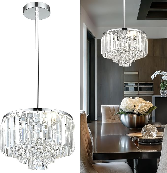Crystal Chandelier, 4-Tier Modern Chandelier with Polished Chrome Finish, Pendant Light for Dinning Room Kitchen Island Bedroom Entryway, CC4215-3W-PC