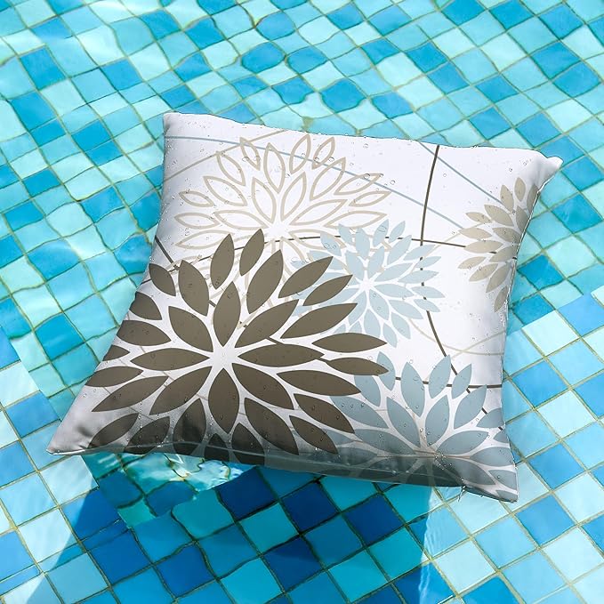 Brown Blue Flower Pillow Covers 16x16 Inch Set of 2 Summer Outdoor Waterproof Decor for Home Patio Funiture Garden Living Room Modern Art Floral Polyester Square Cushion Cover 01F16