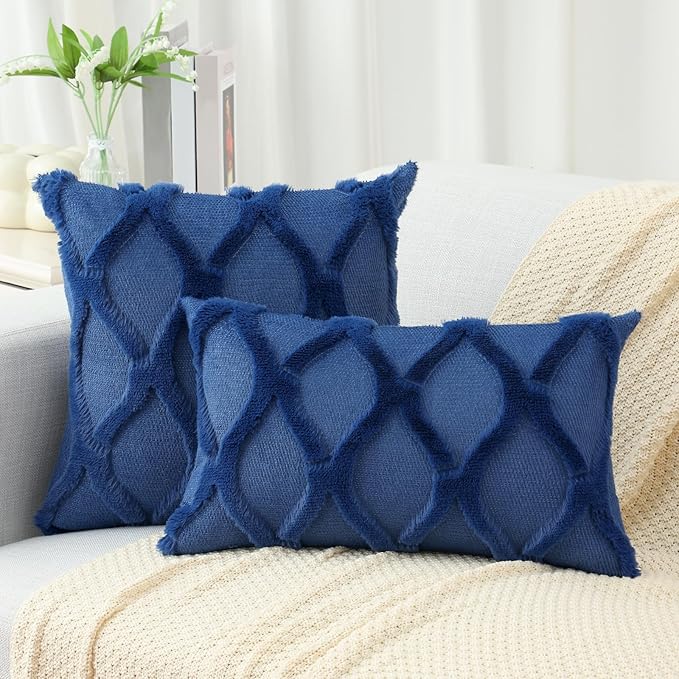 decorUhome Throw Pillow Covers 16x16 Inch Set of 2, Soft Plush Faux Fur Wool Dark Blue Couch Pillow Covers, Decorative Neutral Pillow Cases for Bed Sofa Living Room Home Decor