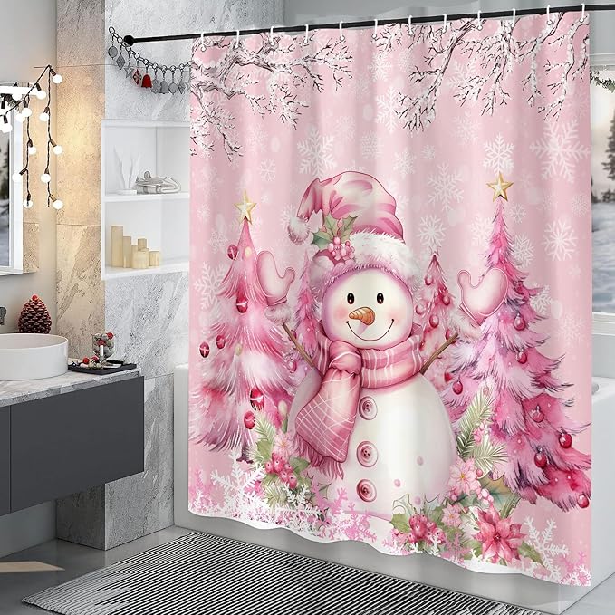 Pink Christmas Snowman Shower Curtain, Cute Winter Snowflake Snowman Pine Tree Decoration Xmas Shower Curtain for Bathroom, Farmhouse Christmas Holiday Fabric Bath Curtain Set with Hooks 72"X72"