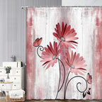 Rustic Farmhouse Shower Curtain, Farm Red Daisy Floral Flowers and Butterfly on Country Wooden Shower Curtain for Bathroom, Light Burgundy Gray Grey Shower Curtain with 12PCS Hooks, 70X84IN