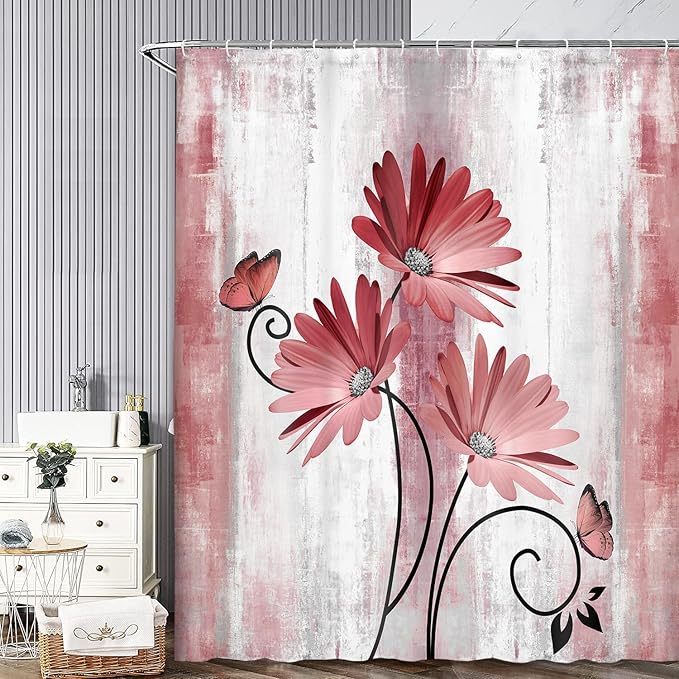 Rustic Farmhouse Shower Curtain, Farm Red Daisy Floral Flowers and Butterfly on Country Wooden Shower Curtain for Bathroom, Light Burgundy Gray Grey Shower Curtain with 12PCS Hooks, 70X84IN