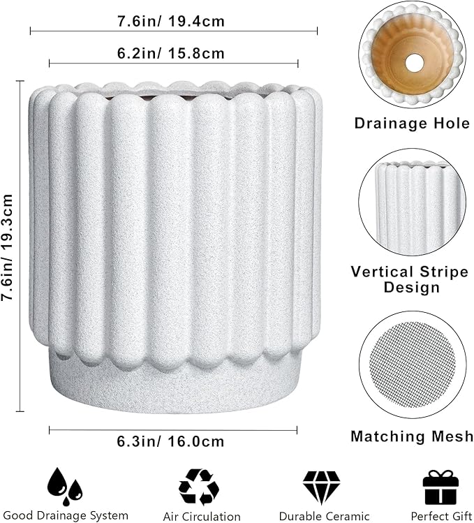Ceramic Planters for Indoor Plants - 7.6 Inch Ceramic Plant Pots Outdoor, Round Flower Pots with Drainage Hole, Fluted Modern Planter, Room House Decor, Gifts for Plant Lovers, White