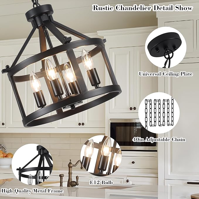 Cage Farmhouse Chandelier,Modern Pendant Light Fixture, Adjustable Height Industrial Black Chandeliers Pendant Light for Dining Room,Kitchen Island,Entryway-4 Light