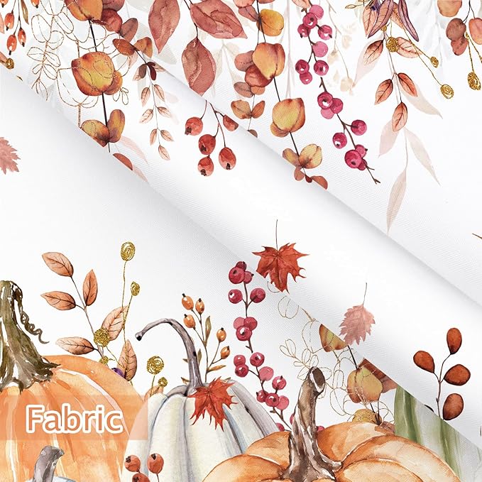 Fall Pumpkin Boho Shower Curtain Set, Farmhouse Autumn Eucalyptus Leaves Thanksgiving Harvest Shower Curtain, Cute Seasonal Bathroom Curtain Yellow Teal Fall Bath Accessories with Hooks,72"X72"