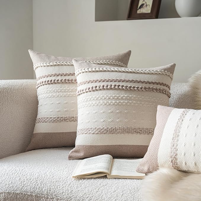 Boho Throw Pillow Covers 18x18 Inch Set of 2, Khaki Textured Decorative Couch Pillow Cases for Farmhouse Home Decor, Accent Cushion Cover for Sofa, Bed, Living Room, Bedroom