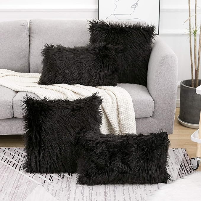 WLNUI Set of 2 Black Halloween Decorative Pillow Covers New Luxury Series Merino Style Faux Fur Fluffy Throw Pillow Covers Square Fuzzy Cushion Case for Sofa Bedroom Living Room Home Decor 18x18 Inch