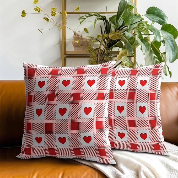 Love Hearts Throw Pillow Covers Set of 2, 16x16 Inch – Red and White Checkered Plaid Cotton Hidden Zipper Pillowcases for Couch Sofa Bed Porch Farmhouse Holiday Home Decor