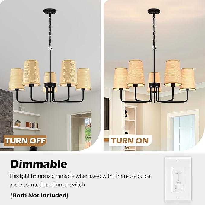 28" Black Boho Rattan Chandelier for Living Room 5-Light Coastal Farmhouse Chandeliers for Dining Room Adjustable Rustic Boho Pendant Light Fixture Bedroom Kitchen Island Entryway Foyer