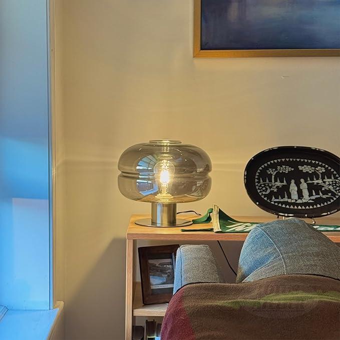 Lotus Atelier Modern Table Lamp, Smoked Glass Shade, Brushed Metal Base Aesthetic Home Decor
