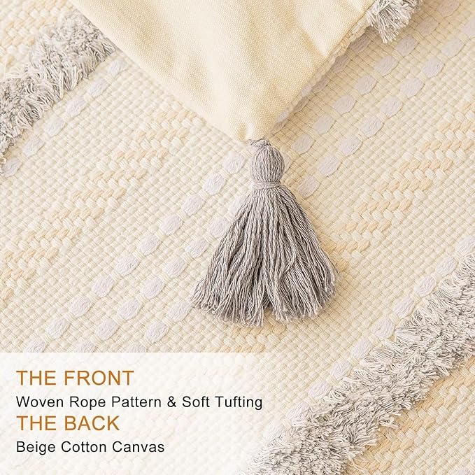 Boho Throw Pillow Covers 18x18 Set of 2 Woven Tufted Farmhouse Pillows Cover with Tassels Textured Striped Cushion Case Neutral Pillow Cases Decorative Pillowcase for Sofa, Couch, Bed, Light Grey