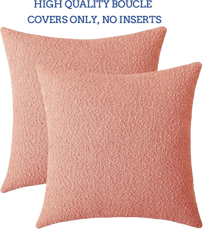 Jeneoo Coral Pink Decorative Square Thick Throw Pillow Covers Fine Textured Boucle Couch Cushion Cases for Sofa Decor, Set of 2, 20 x 20 Inch