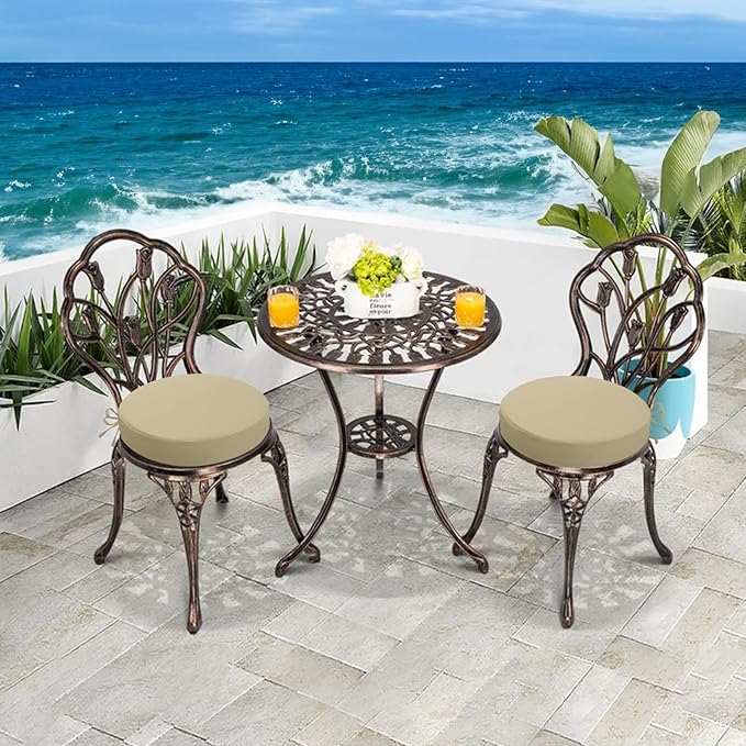 idee-home Outdoor Bistro Chair Cushions, 15”x15”x 3” Thick Outdoor Round Seat Cushions Set of 2 with Ties, Waterproof Round Patio Furniture for Garden