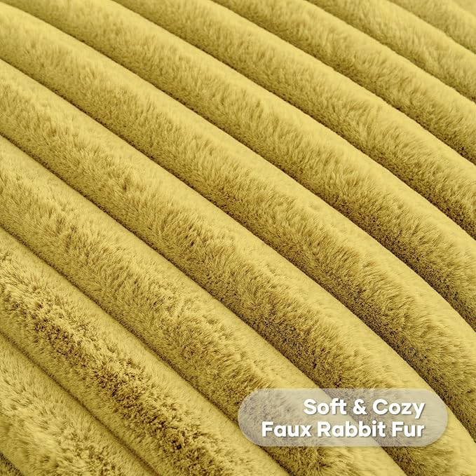 FUTEI Mustard Yellow Striped Decorative Throw Pillow Covers 24x24 Inch Set of 2,Square Winter Decorations Couch Pillow Case,Soft Cozy Faux Rabbit Fur & Velvet Back,Modern Home Decor for Bed