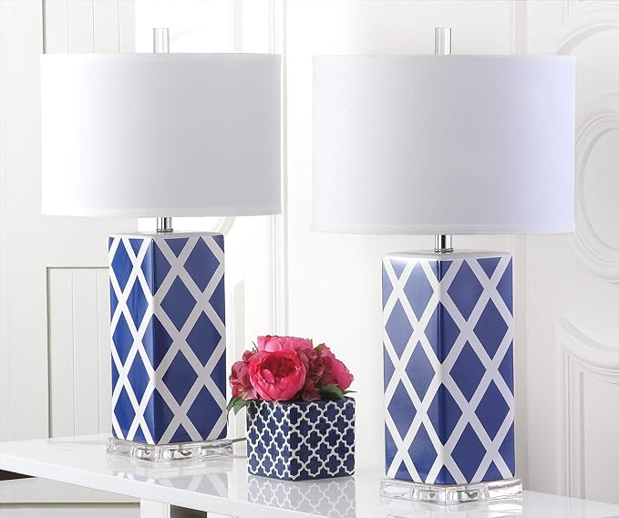 SAFAVIEH Lighting Collection Garden Lattice Trellis Modern Contemporary Navy 27-inch Bedroom Living Room Home Office Desk Nightstand Table Lamp Set of 2 (LED Bulbs Included)