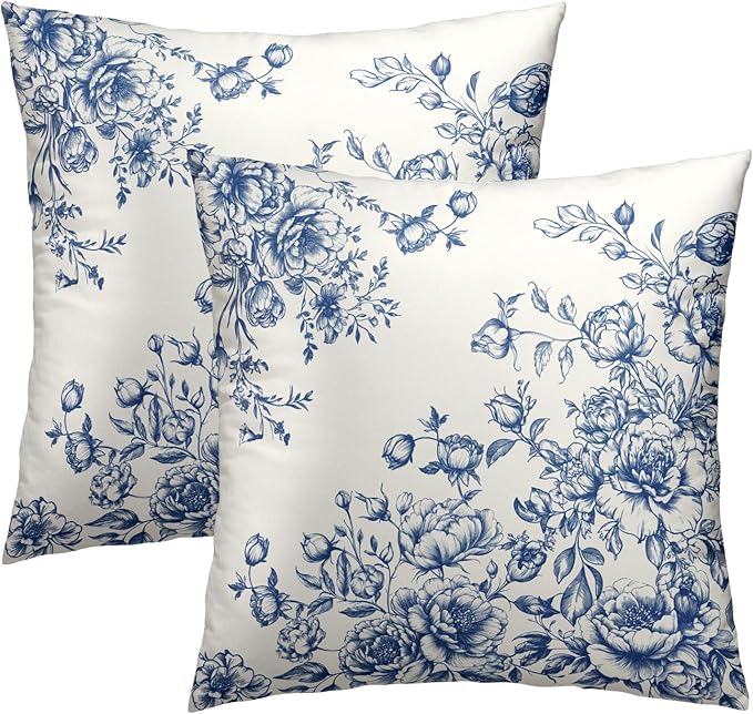 Chinoiserie Floral Throw Pillow Covers 16x16 Inch Set of 2 Vintage Blue White Flowers Botanical Square Pillowcases Cushion Cover for Living Room Couch Bed Sofa Chair Decor