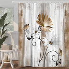 Rustic Farmhouse Shower Curtain, Farm Tan Cream Daisy Floral Flowers and Butterfly on Country Wooden Shower Curtain for Bathroom, Beige Brown Shower Curtain with 12PCS Hooks, 70X84IN