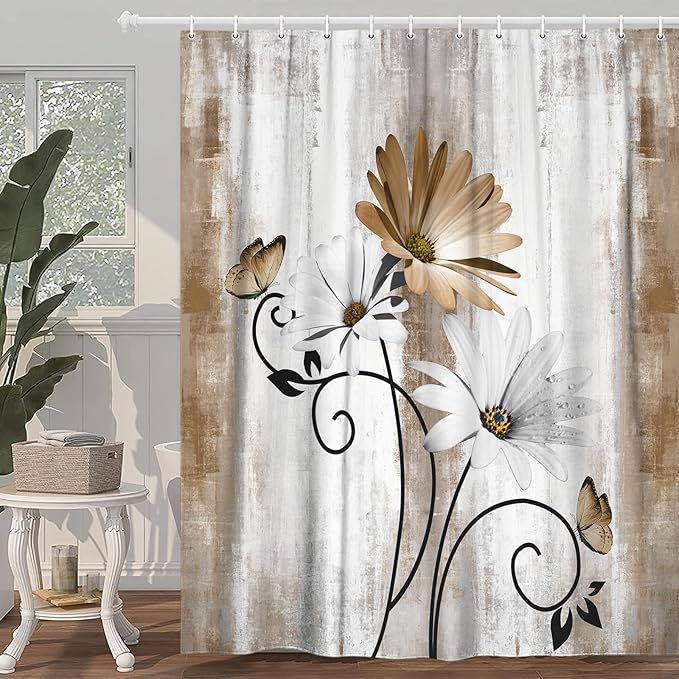 Rustic Farmhouse Shower Curtain, Farm Tan Cream Daisy Floral Flowers and Butterfly on Country Wooden Shower Curtain for Bathroom, Beige Brown Shower Curtain with 12PCS Hooks, 48X70IN
