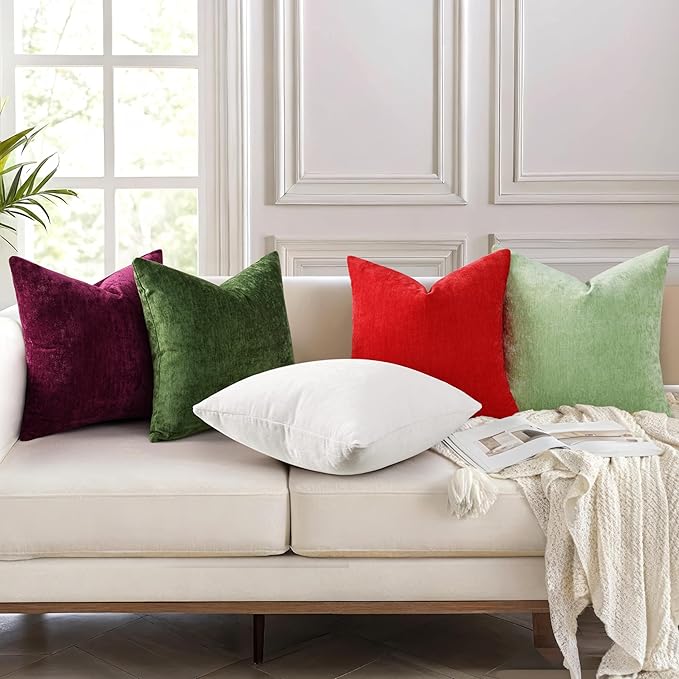 decorUhome Chenille Moss Green Fall Throw Pillow Covers 12x20 Inch Set of 2, Decorative Soft Couch Pillow Covers Solid Dyed Accent Velvet Farmhouse Neutral Rectangle Christmas Pillow Cases for Sofa