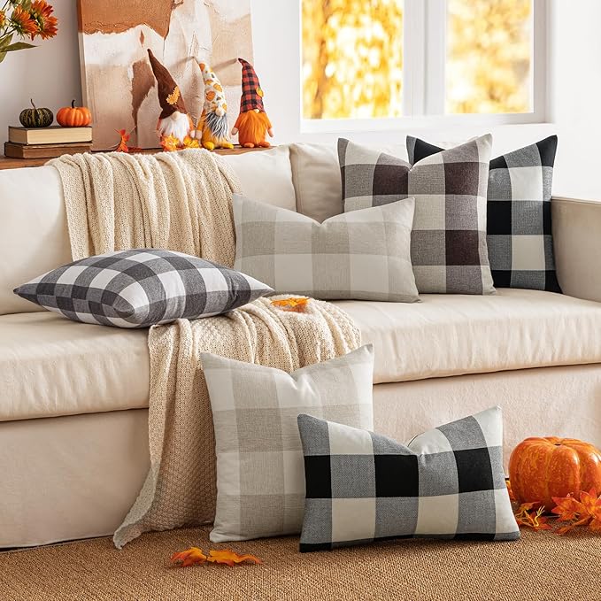 MIULEE Pack of 2 Halloween Classic Farmhouse Buffalo Check Plaids Linen Soft Solid Decorative Square Throw Pillow Covers Black and White Home Decor Outdoor Cushion Case for Sofa Bedroom 20 x 20 Inch