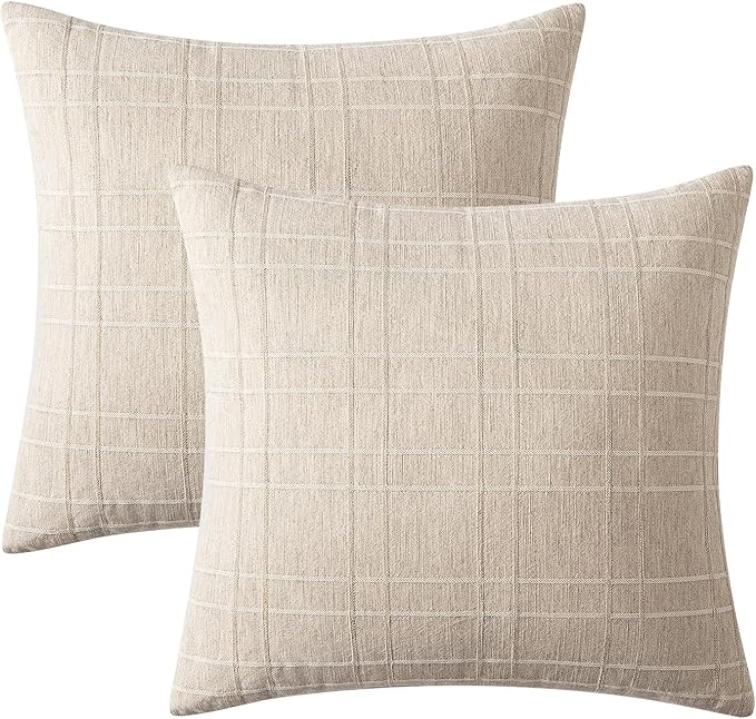 MIULEE Decorative Linen Check Euro Shams Throw Pillow Covers Neutral Farmhouse Vintage Christmas Pillow Covers 22x22 Set of 2 Boho Modern Home Decor for Sofa Couch Bedroom Cushion Natural Beige