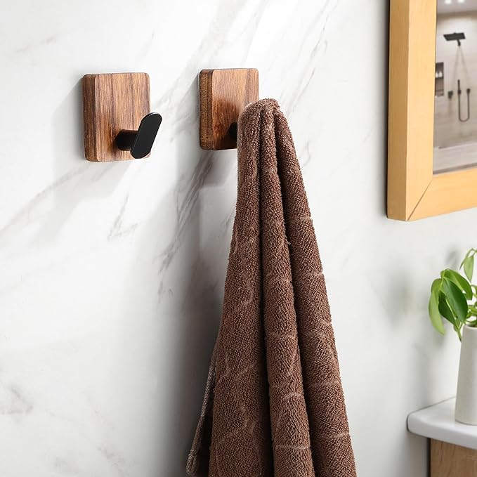 DELITON Rustic Style Hanging Hooks - Adhesive Wood Wall Hooks & Bathroom Decor Towel Hooks & Entrance Decorative Hook, Natural Carbonization