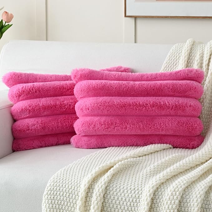FUTEI Hot Pink Decorative Throw Pillow Covers 12x20 Inch Set of 2, Square Soft Faux Rabbit Fur Big Striped Cushion Cover,Home Decor for Couch Sofa Bed Living Room