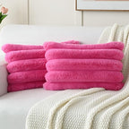 FUTEI Hot Pink Decorative Throw Pillow Covers 12x20 Inch Set of 2, Square Soft Faux Rabbit Fur Big Striped Cushion Cover,Home Decor for Couch Sofa Bed Living Room