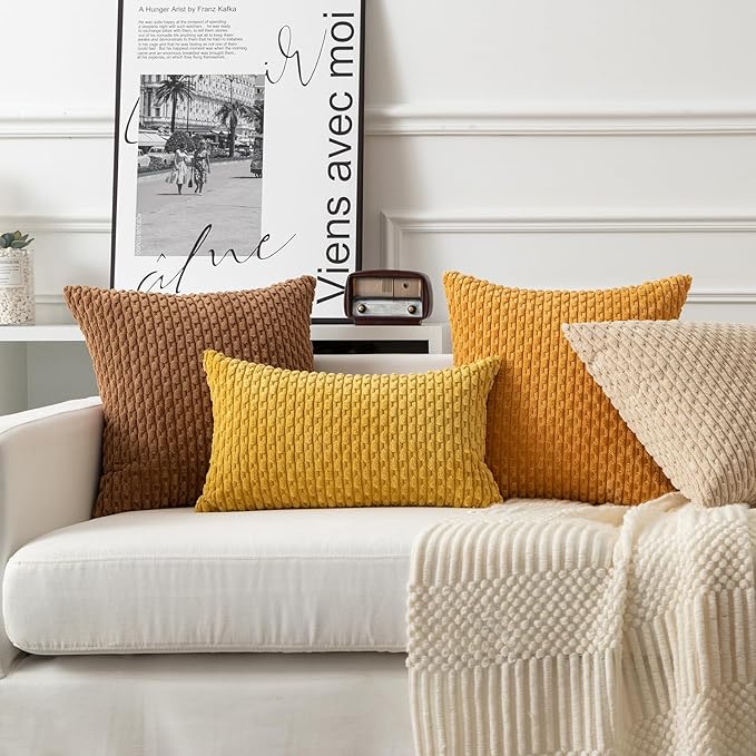 Kevin Textile Throw Pillow Covers Soft Corduroy Decorative Set of 2 Boho Striped Pillow Covers Pillowcases Farmhouse Home Decor for Couch Bed Sofa Living Room 12x20 Inch Golden Yellow