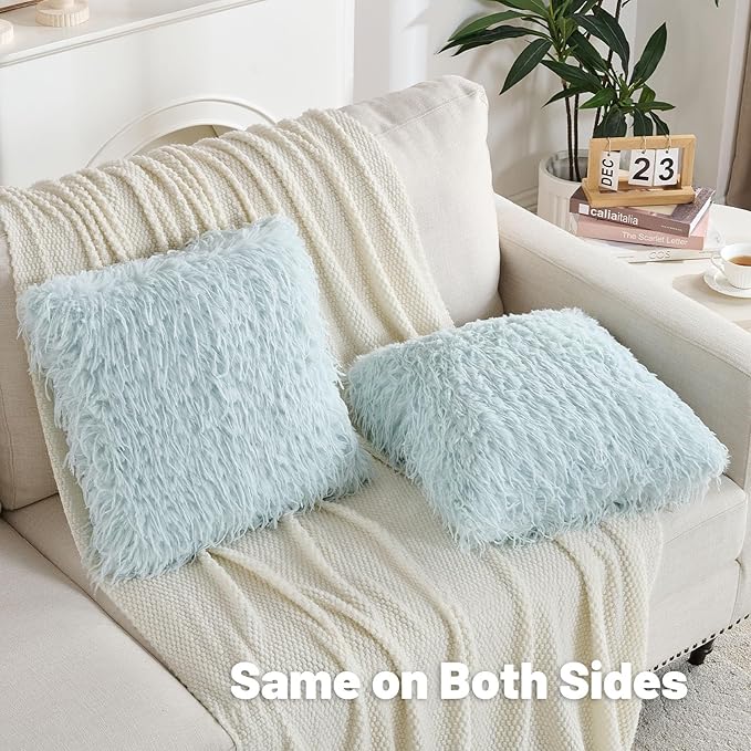 FUTEI Light Blue Decorative Throw Pillow Covers 24x24 Inch Set of 2,Soft Fluffy Faux Feather Texture European Cushion Cases,Modern Home Luxury Decor for Couch Bed Living Room