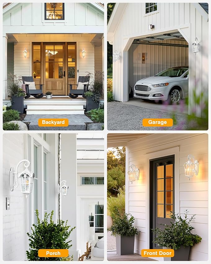 VIANIS White Porch Lights Outdoor, Outside Dusk to Dawn Light Fixtures Wall Mount, Exterior Lighting for House with Ripple Glass, Lantern Fixture for Patio Garage Front Coach, Anti-Rust Waterproof