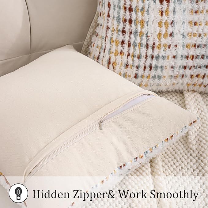 LUOYEHK Boho Throw Pillow Covers 18x18 Inch Set of 2 Chenille Tufted Pillowcase Farmhouse Neutral Cushion Covers for Couch Sofa Bed Living Room, Orange White