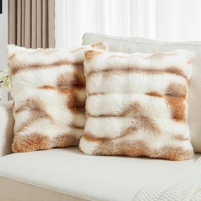FUTEI Brown White Decorative Throw Pillow Covers 22x22 Inch Set of 2,Soft Fuzzy Faux Rabbit Fur Cushion Covers with Raised Texture,Neutral Boho Home Decor for Couch Bed Living Room