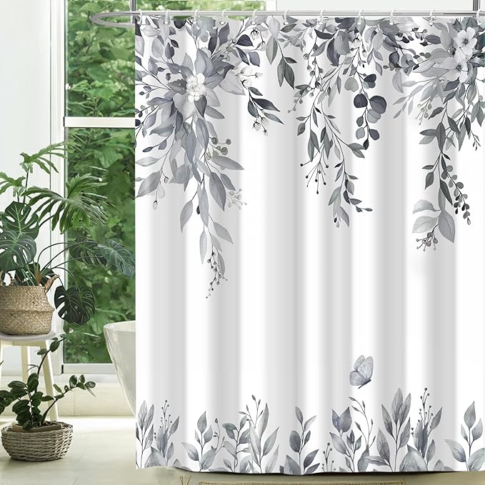 Eucalyptus Shower Curtain, Grey Watercolor Leaves with Floral Botanical Bathroom Decor, Waterproof Fabric Bath Curtain Set with Hooks, 72x84 Inches