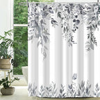 Eucalyptus Shower Curtain, Grey Watercolor Leaves with Floral Botanical Bathroom Decor, Waterproof Fabric Bath Curtain Set with Hooks, 72x84 Inches