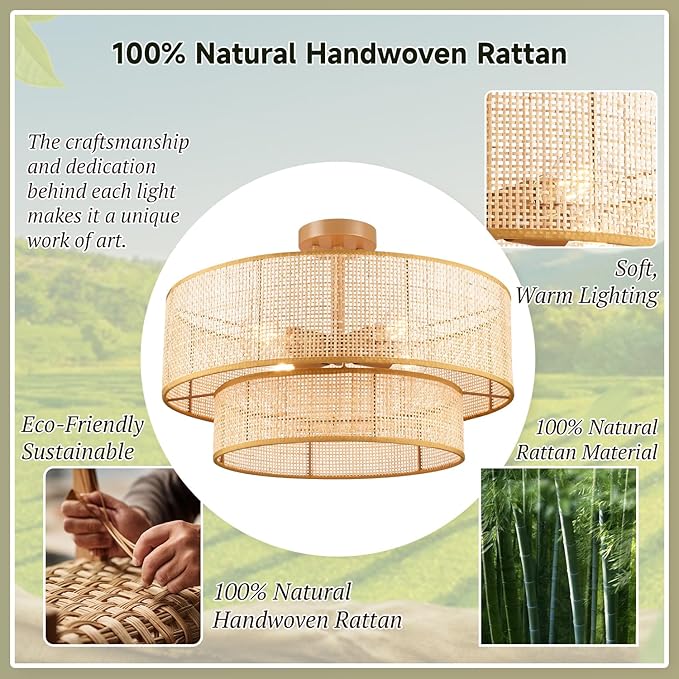 Hamilyeah 20 inch Ceiling Light Fixture Flush Mount Double Layer, Boho Light Fixture Ceiling Mount Wicker Shade, Bamboo Woven Rattan Ceiling Light for Living Room, Bedroom, Dining Room