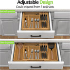Bamboo Kitchen Drawer Organizer, Expandable Utensil Organizer with Removable Knife Block, Cutlery Tray Holder with Divider, Adjustable Silverware Organizer, Wood Tableware Dividers Storage