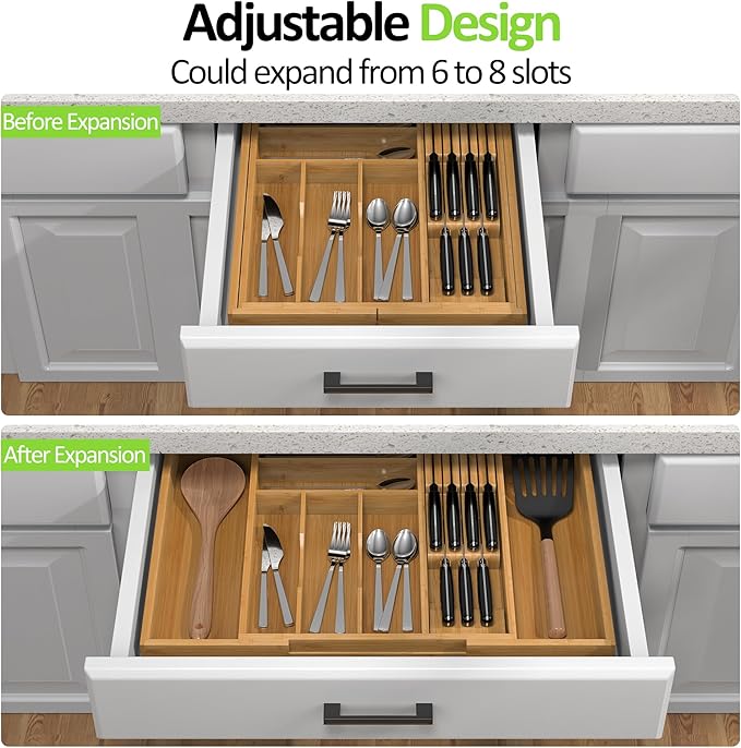 Bamboo Kitchen Drawer Organizer, Expandable Utensil Organizer with Removable Knife Block, Cutlery Tray Holder with Divider, Adjustable Silverware Organizer, Wood Tableware Dividers Storage
