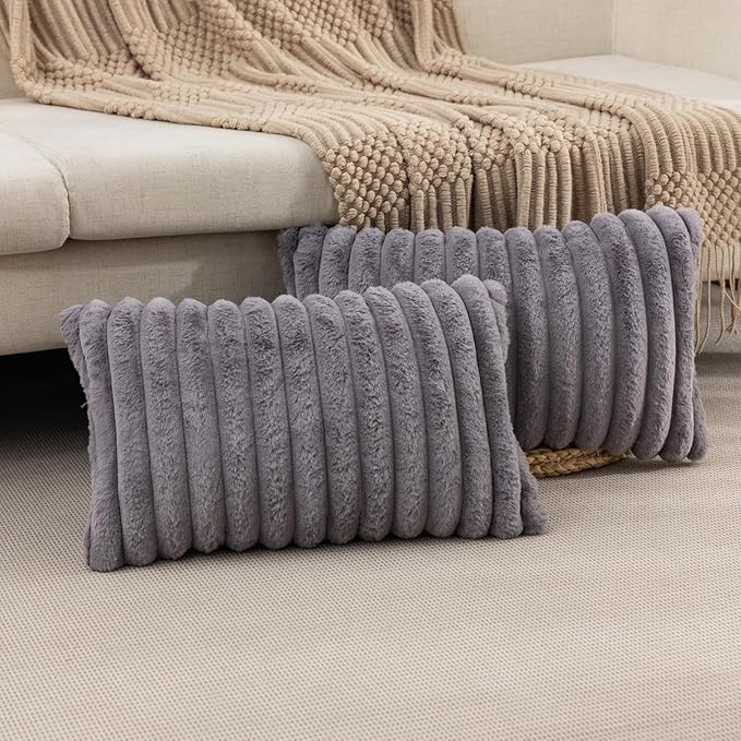 ZLINA Set of 2 Dark Grey Faux Fur Decorative Throw Pillow Covers Fluffy Striped Pillowcase Cushion Covers 12 x 20 Inch Decor Sofa Couch Bedroom