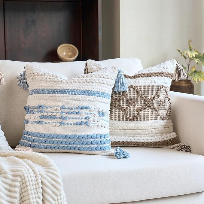 Boho Brown Decorative Pillow Cover with Cording and Tassels Handmade Accent Woven Textured Square Throw Pillow Case for Couch Sofa Farmhouse Living Room Home Decor 18"x18"