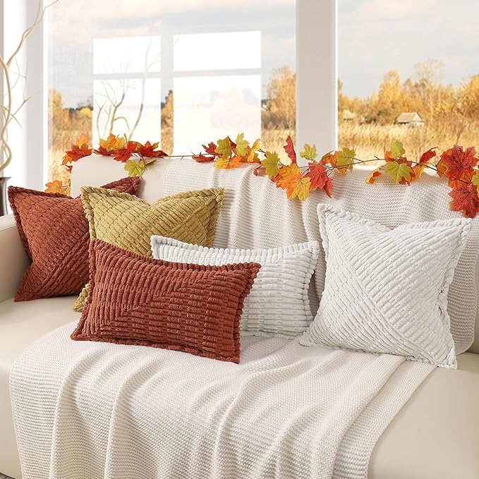 decorUhome Decorative Khaki Throw Pillow Covers 20x20 Set of 2 with Splicing, Boho Soft Neutral Corduroy Broadside Twill Pillow Covers for Couch Bed Sofa Living Room