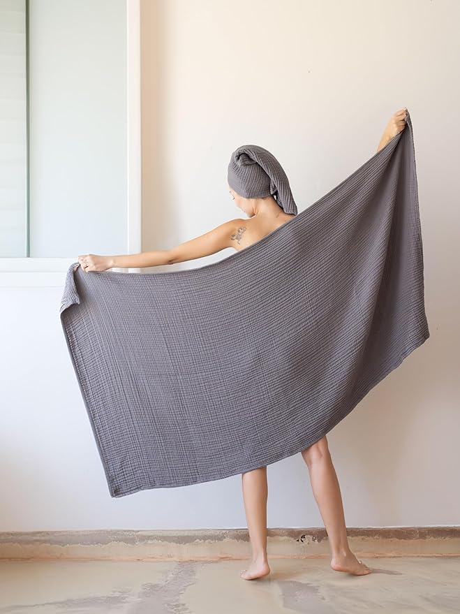 Muslin Bath Towel Pack of 2 32"x67" Inch Large Size, 100% Turkish Cotton, Thin, Soft, Quick-Dry, Lint-Free Bath Towels (Dark Gray, Pack of 2 Bath Towels)