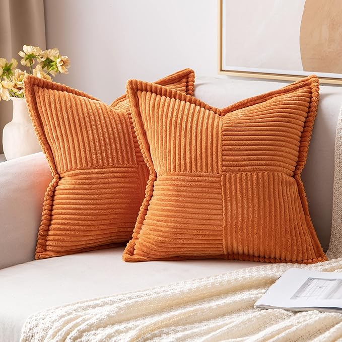 MIULEE Orange Fall Corduroy Decorative Euro Sham Pillow Covers 24x24 Inch with Splicing Set of 2 Soft Boho Pillow Covers Broadside Textured Summer Pillowcases for Couch Bed Livingroom