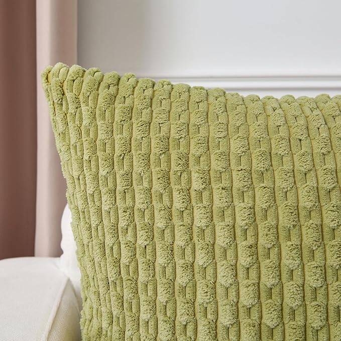 Kevin Textile Decorative Pillow Covers Set of 2 Striped Plush Corduroy Pillows Pillowcases Boho Home Decor Cushion Covers for Couch Sofa Bed Living Room 20x20 Inch, Grass Green