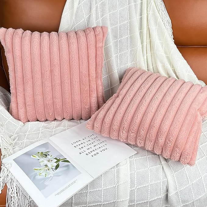 20x20 Throw Pillow Covers Set of 2, Decorative Faux Fur Covers for Bed, Couch Soft Fluffy Pillow Cover with Velvet Back for Living Room, Neutral Home Décor Accent for Sofa - Pink