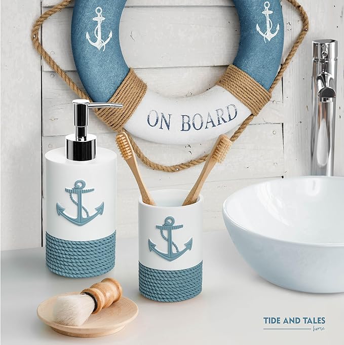 TideAndTales Luxury Nautical Bathroom Accessories Set (4 Piece) Rope and Anchor Beach Bathroom Decor with Ocean and Sea Theme Design, Countertop Coastal Soap Dispenser Set